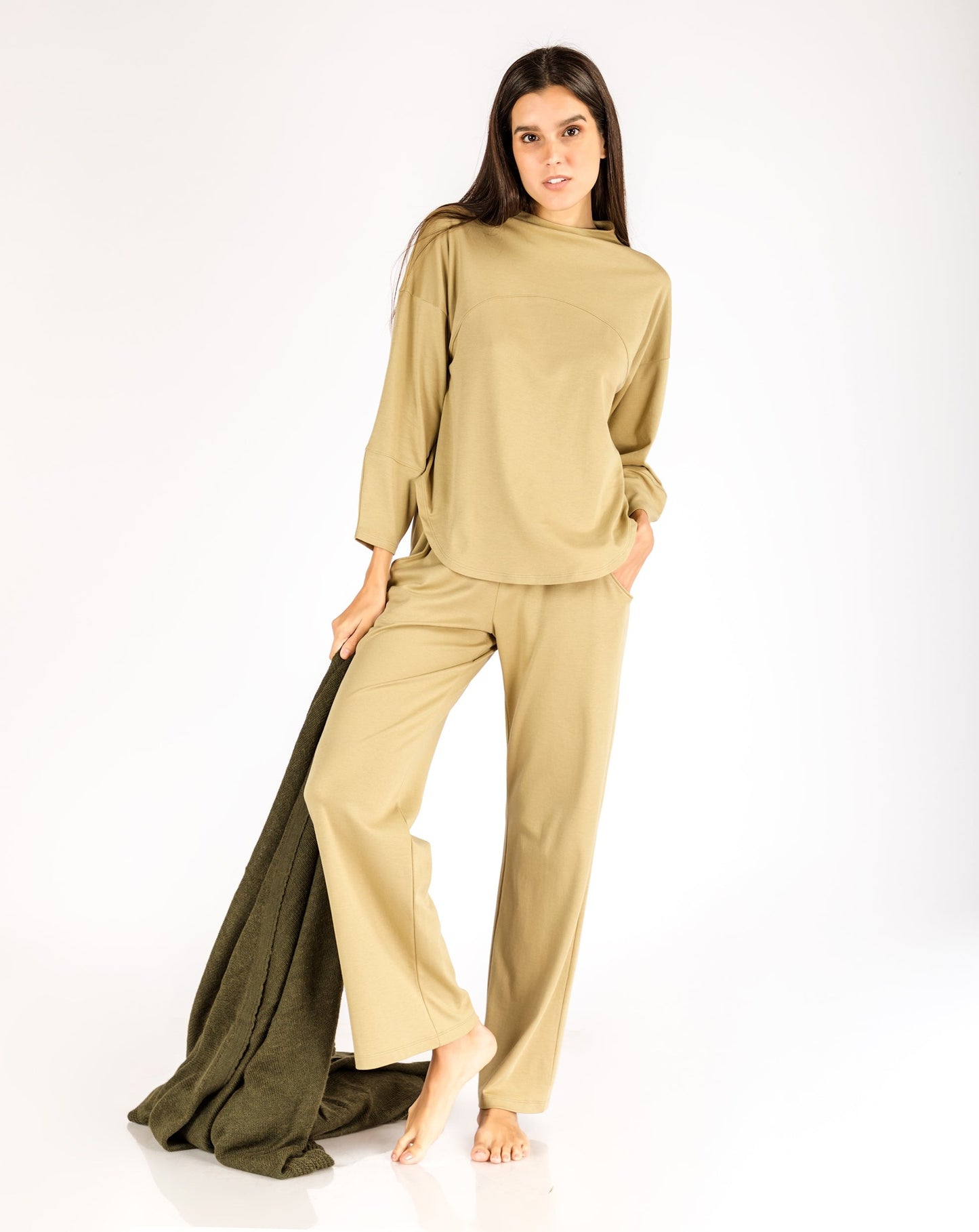 women_s-pajama-set-Straight-pant-and-long-cami-olive-Lavender-Dreams